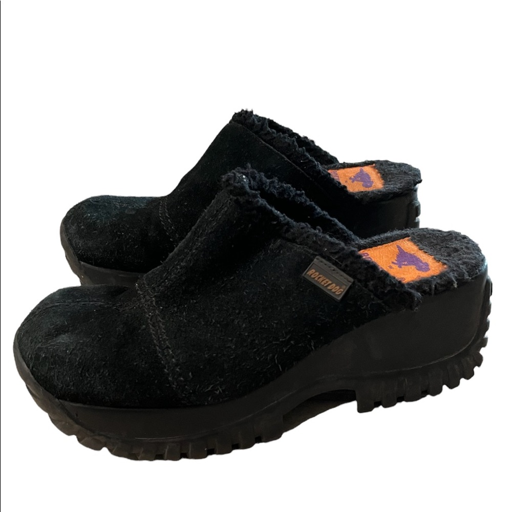 Rocket Dog patchwork Sherpa black platform clog